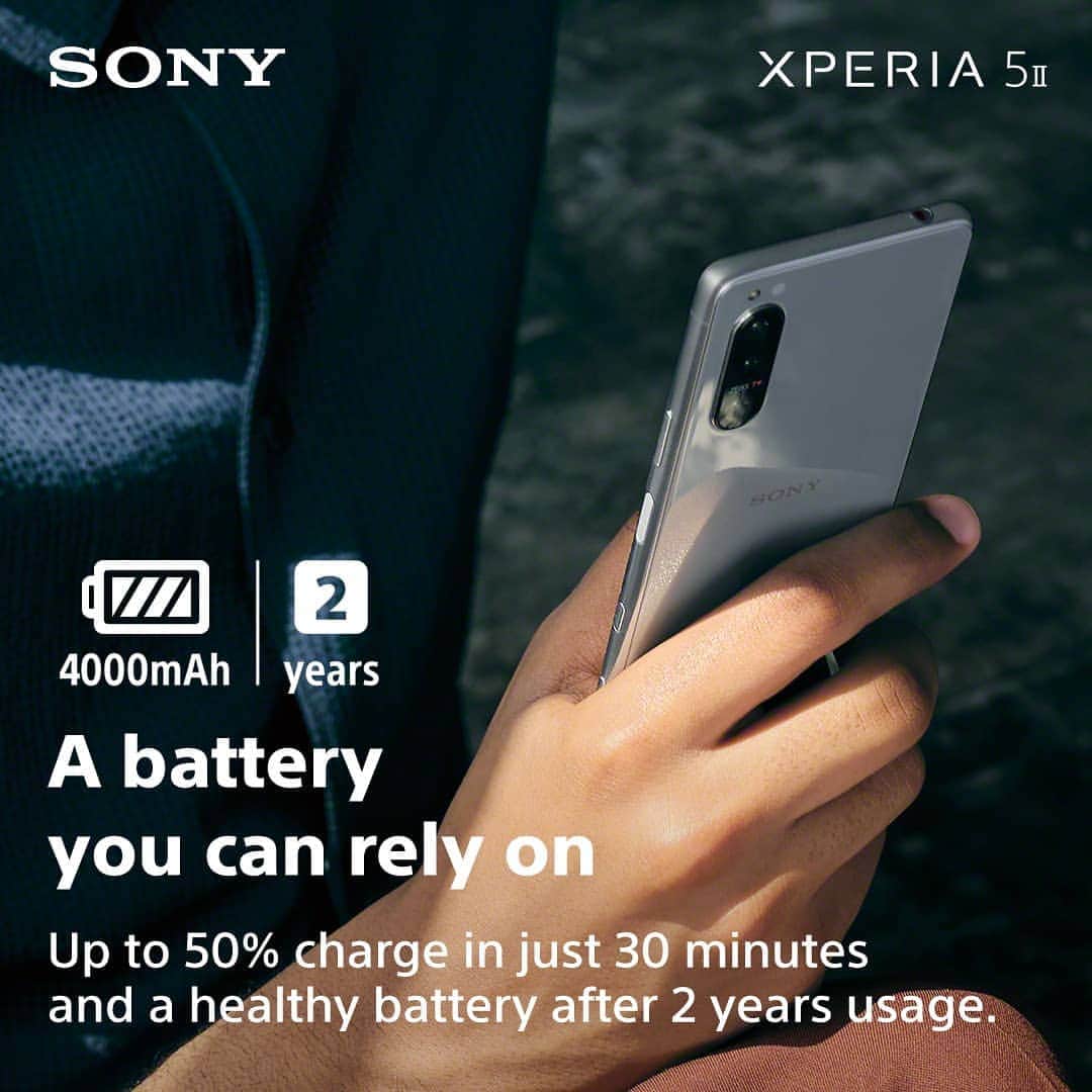 Sony Mobileさんのインスタグラム写真 - (Sony MobileInstagram)「With 4.000mAh battery power on your side, it takes just 30 minutes to power up to 50% – leaving you with a healthy battery, and more time to enjoy your Xperia 5 II.  #Xperia5II #Xperia #Sony #SonyXperia #Battery #Performance」1月4日 18時36分 - sonyxperia