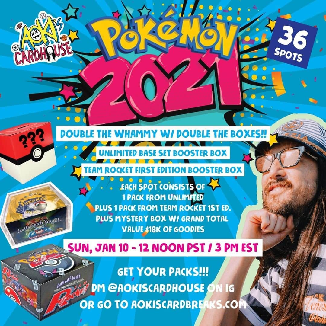 スティーヴ・アオキさんのインスタグラム写真 - (スティーヴ・アオキInstagram)「Pokémon heads!! 1st box break of 2021 is this coming weekend. Sunday Jan 10th. This one gonna be twice the fun cuz we doing two boxes and by popular demand the mystery box is stacked and back. We’re breaking the OG unlimited base box & team rocket first ed box. Each spot will consist of 1 pack from the unlimited plus one from rocket plus the mystery box that has total value from all the boxes of over $18,000 and there’s a PSA 9 Dark Charizard hiding in one of the mystery boxes. Last one sold out in less than 24 hours so secure a spot or spots before u miss out on another screaming charizard hunting party! How do u get a pack? DM @aokiscardhouse right now. they’ll handle from here.」1月5日 1時00分 - steveaoki