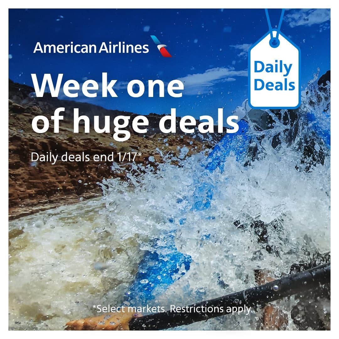 アメリカン航空のインスタグラム：「Kickoff the new year with two weeks of daily deals to amazing destinations. And, we've partnered with @hyatt on select days to make some of these deals even better! Link in bio.」