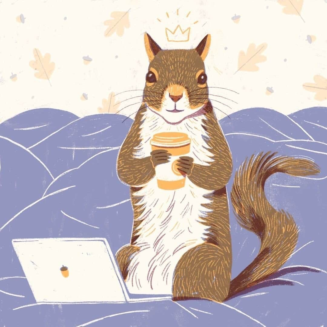 Jillのインスタグラム：「@thecovatar captured all of the essentials on this first Monday back at work in 2021: blanket, laptop, coffee, crown. ⁣ #thisgirlisasquirrelart⁣ ⁣ ⁣ ⁣ ⁣ #petsquirrel #squirrel #squirrels #squirrellove #squirrellife #squirrelsofig #squirrelsofinstagram #easterngreysquirrel #easterngraysquirrel #ilovesquirrels #petsofinstagram #jillthesquirrel #thisgirlisasquirrel #squirrelart」