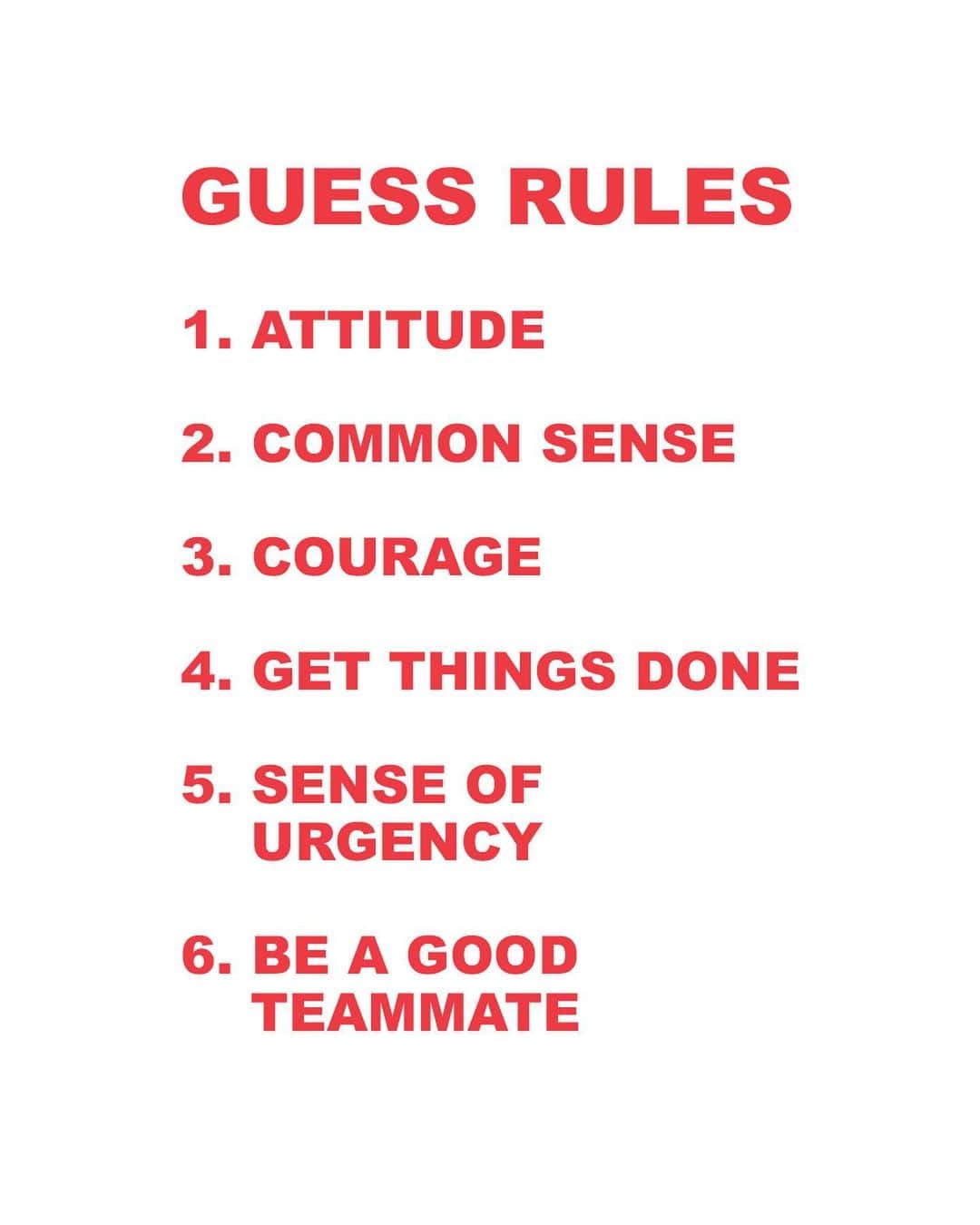 ゲスのインスタグラム：「Our rules and values were written for all GUESS associates globally and have guided the brand through the decades. These basic and simple rules, which can support you through good times and bad times are perfect to reflect on often. They were mostly taken from discussions over the years with Paul’s mother and her children. ⠀ ⠀ Rules we live by - yesterday, today and tomorrow. Swipe to see our 2021 mindset from @paulmarciano + @mauricem144」