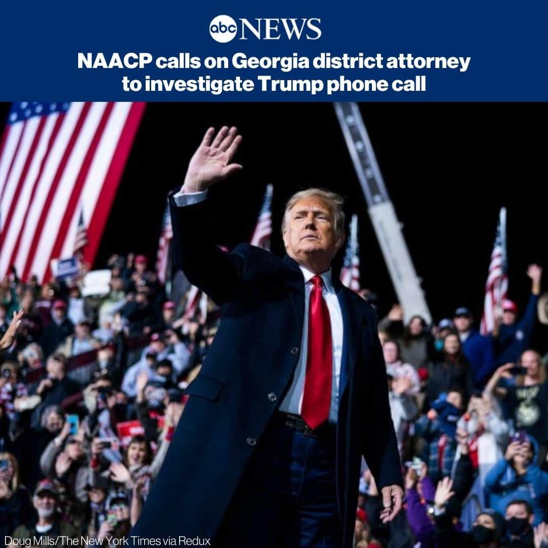 ABC Newsさんのインスタグラム写真 - (ABC NewsInstagram)「The NAACP is calling on the Fulton County district attorney to investigate Pres. Trump's weekend call to Brad Raffensperger, when he asked the top election official in Georgia to "find 11,780 votes" for him to overturn the state's election results. Read more at link in bio.」1月5日 9時55分 - abcnews
