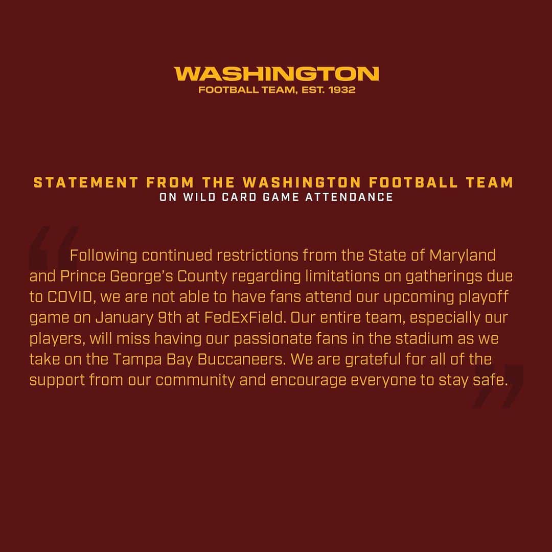 ワシントン・レッドスキンズさんのインスタグラム写真 - (ワシントン・レッドスキンズInstagram)「Statement from the Washington Football Team regarding fans at Saturday night’s game」1月5日 10時22分 - commanders