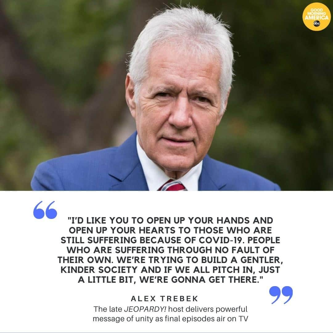 Good Morning Americaさんのインスタグラム写真 - (Good Morning AmericaInstagram)「#AlexTrebek's final five #Jeopardy! episodes kicked off with the longtime host delivering a heartwarming message about the importance of unity and compassion during the global pandemic. Link in bio for the full story. 💜⁠ ⁠」1月6日 0時53分 - goodmorningamerica