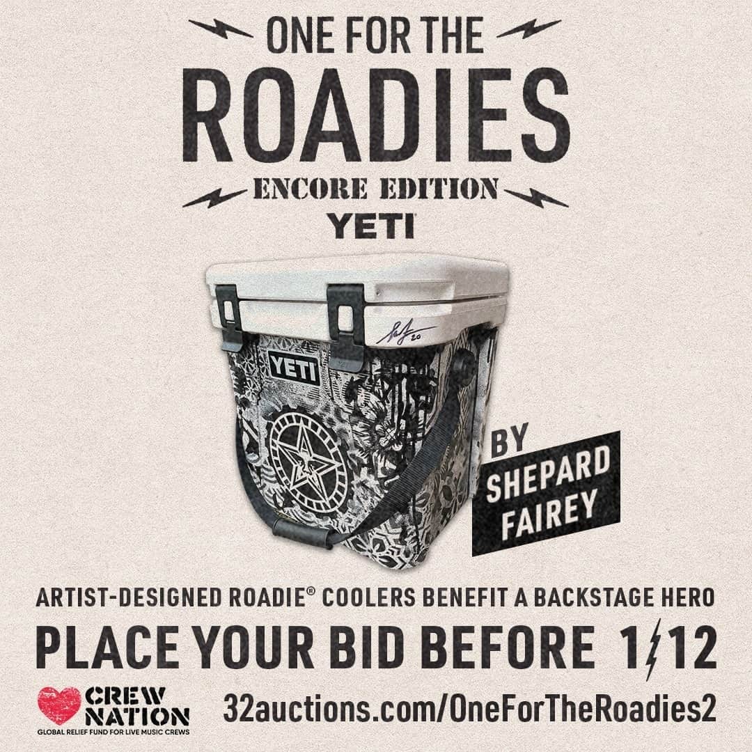 Shepard Faireyさんのインスタグラム写真 - (Shepard FaireyInstagram)「I teamed up with @YETI to help out road crews that have been hit hard by COVID-19. I customized a one-of-a-kind cooler (stenciled and hand-painted!) and it’s up for auction to raise funds for Crew Nation - a global relief fund for live music crews. Go to the link in my bio to enter the auction now or to make a donation! Thanks for caring. -Shepard⁠ ⁠ #OneForTheRoadies #YETI #obey #obeygiant #shepardfairey #oneofakind #auction」1月6日 1時02分 - obeygiant