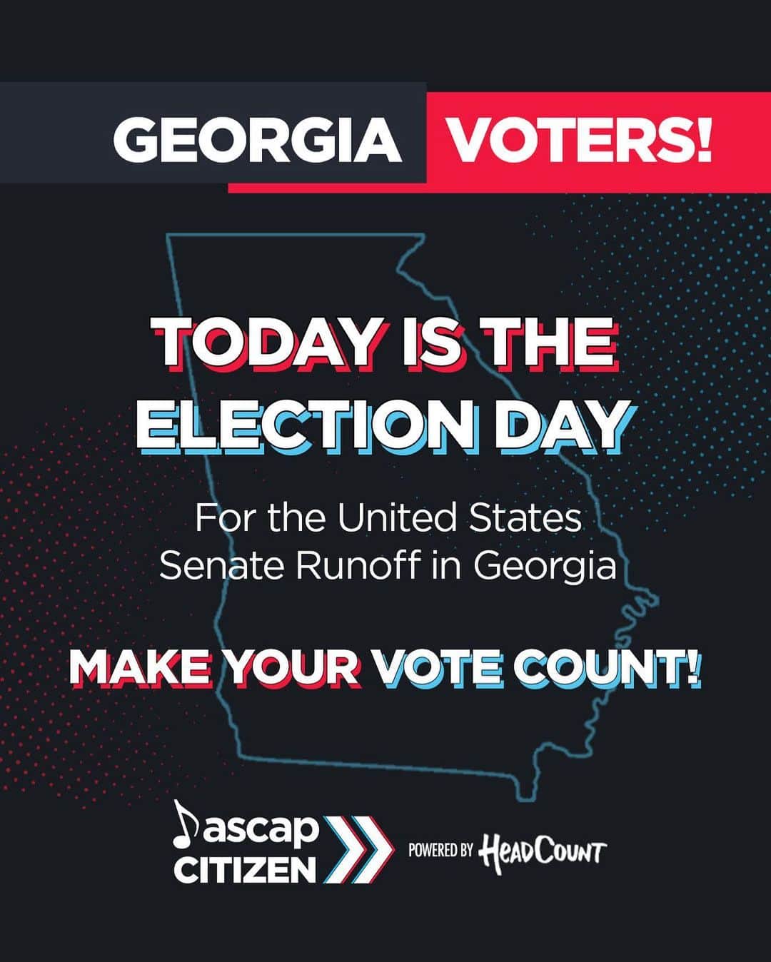 ASCAPさんのインスタグラム写真 - (ASCAPInstagram)「It’s time to make your voice heard, Georgia! Today is the US Senate runoff race. Look up your polling place, ballot info and ID laws with our partners at @headcountorg. Learn more at the link in our bio. #ASCAPCitizen」1月6日 1時46分 - ascap
