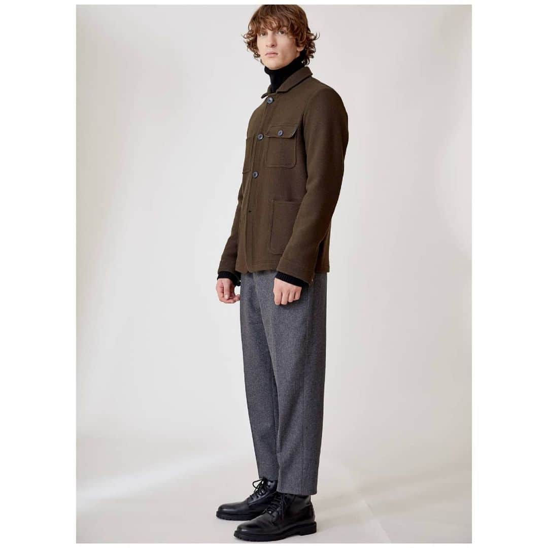 のインスタグラム：「Altea FW20  Winter uniform: Heavy wool chore jacket, cashmere turtleneck, pleated flannel trousers.  #alteamilano #knitwear #madeinitaly」