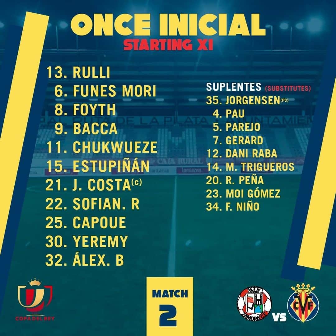 ビジャレアルCFのインスタグラム：「¡Nuestro once inicial ante el @zcfoficial para la segunda eliminatoria de la #CopaDelRey 🏆! . Recordad, comenzamos a las 19.00h (Estadio Ruta de la Plata, en directo por @dazn_es). . Our starting line-up to face @zcfoficial in Round 2 of the #CopaDelRey 🏆! . Remember, we kick off at 7pm CET (Ruta de la Plata) . #villarreal #futbol #football #soccer」