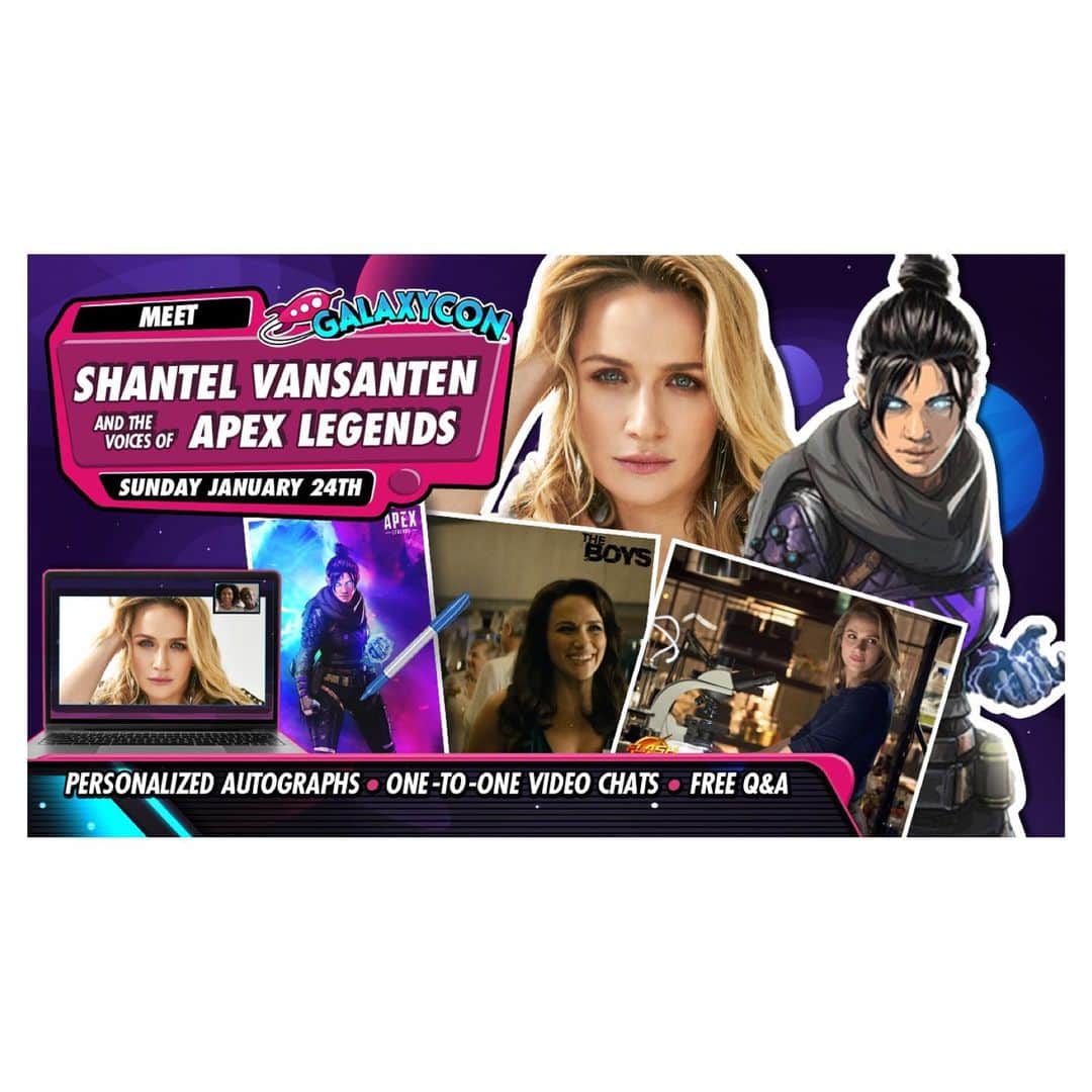 シャンテル・ヴァンサンテンのインスタグラム：「Have you ever wanted to FaceTime with me? Or get a personalized autograph? Now‘s your chance! On Sunday, January 24th at 2:00pm ET I will be participating in @galaxyconlive! You can purchase One-to-One Video Chats, Get Personalized Autographs, and see a FREE Live Stream Q&A with the cast of Apex Legends! All the cool kids will be there @themelalee @johnnyyoung_115 @ellenewlandsgram @shukrani @justinehuxley @rogercraigsmith @thejbblanc don’t miss out!!」