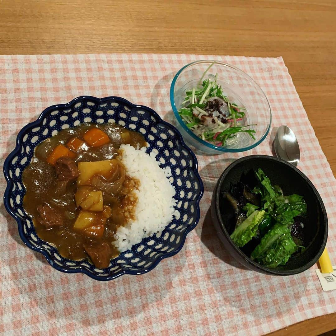 森なな子のインスタグラム：「基本通りに作った👨‍🍳美味しかった！ サラダはRF1です。 #自炊 #基本のカレー」