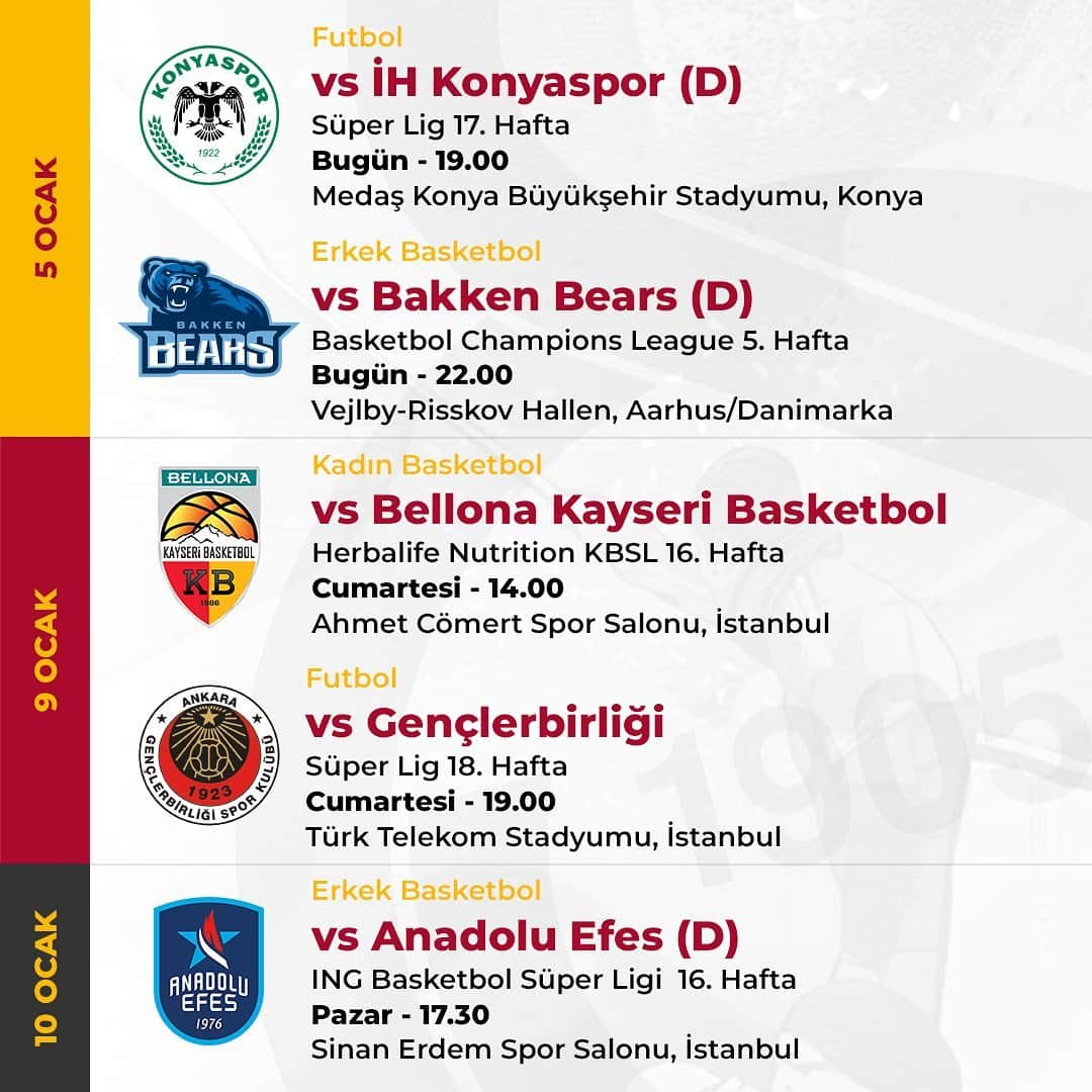 ガラタサライSKさんのインスタグラム写真 - (ガラタサライSKInstagram)「🗓 Galatasarayımızda haftanın programı. ⚽ 🏀 #WeekOfGala 💪」1月5日 21時47分 - galatasaray