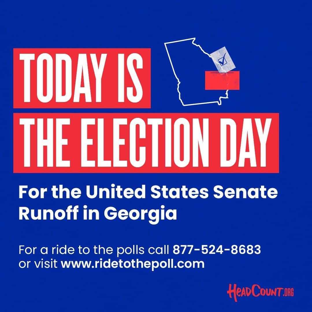 アース・ウィンド・アンド・ファイアーのインスタグラム：「⏰ It’s time to make your voice heard, Georgia! Today is the US Senate runoff race. Look up your polling place, ballot info, and ID laws at http://HeadCount.org/gainfo. And don’t forget to bring a mask 😷. Need a ride to the polls? ☎️ 977-524-8683」