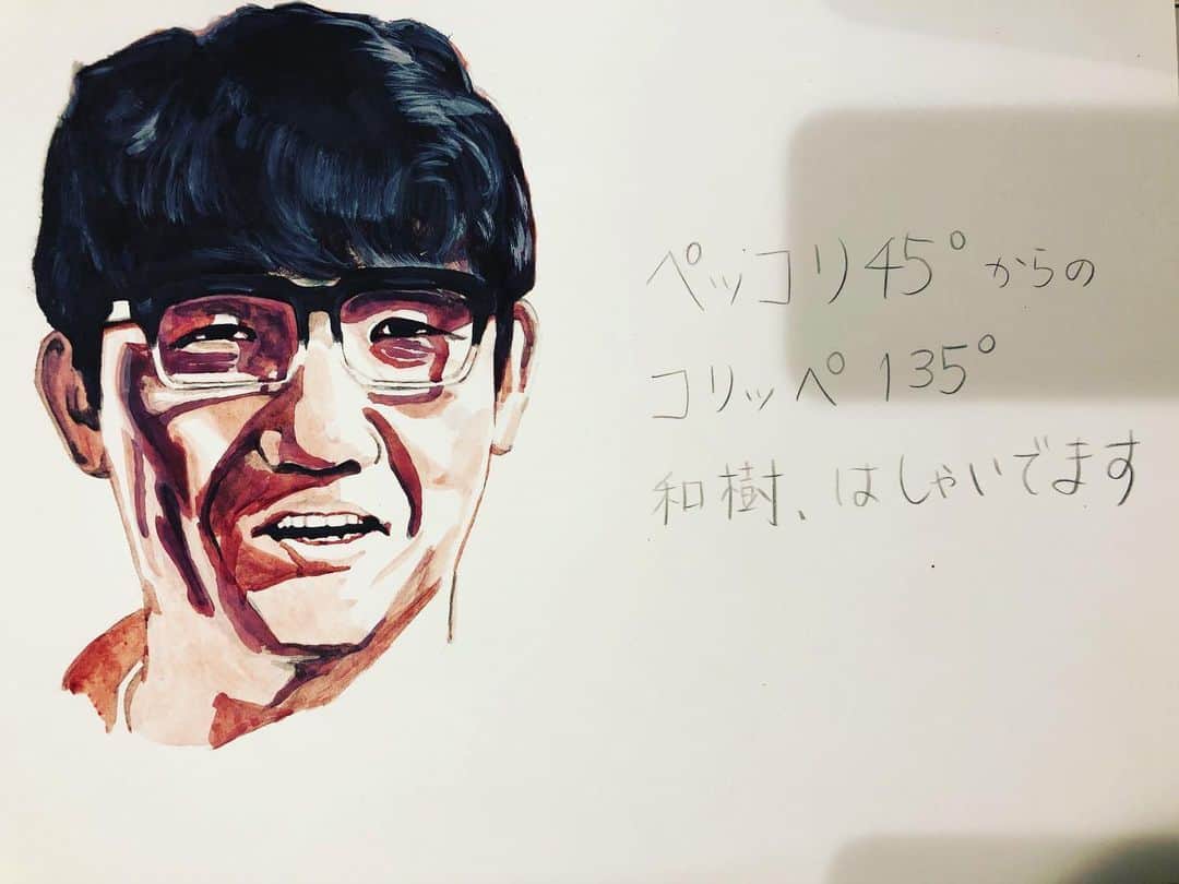 森慎太郎のインスタグラム：「事務所の先輩、ずん飯尾さんを描いてみた #すごい先輩 #相方のやすさんもいい先輩 #描いたついでに #泊まりロケの2日目の朝に、うっかり元気になってるのを出川さんに見つかったときに飯尾さんが言いそうな一言を添えてみました #あくまで僕の想像ですので #フィクション一言」