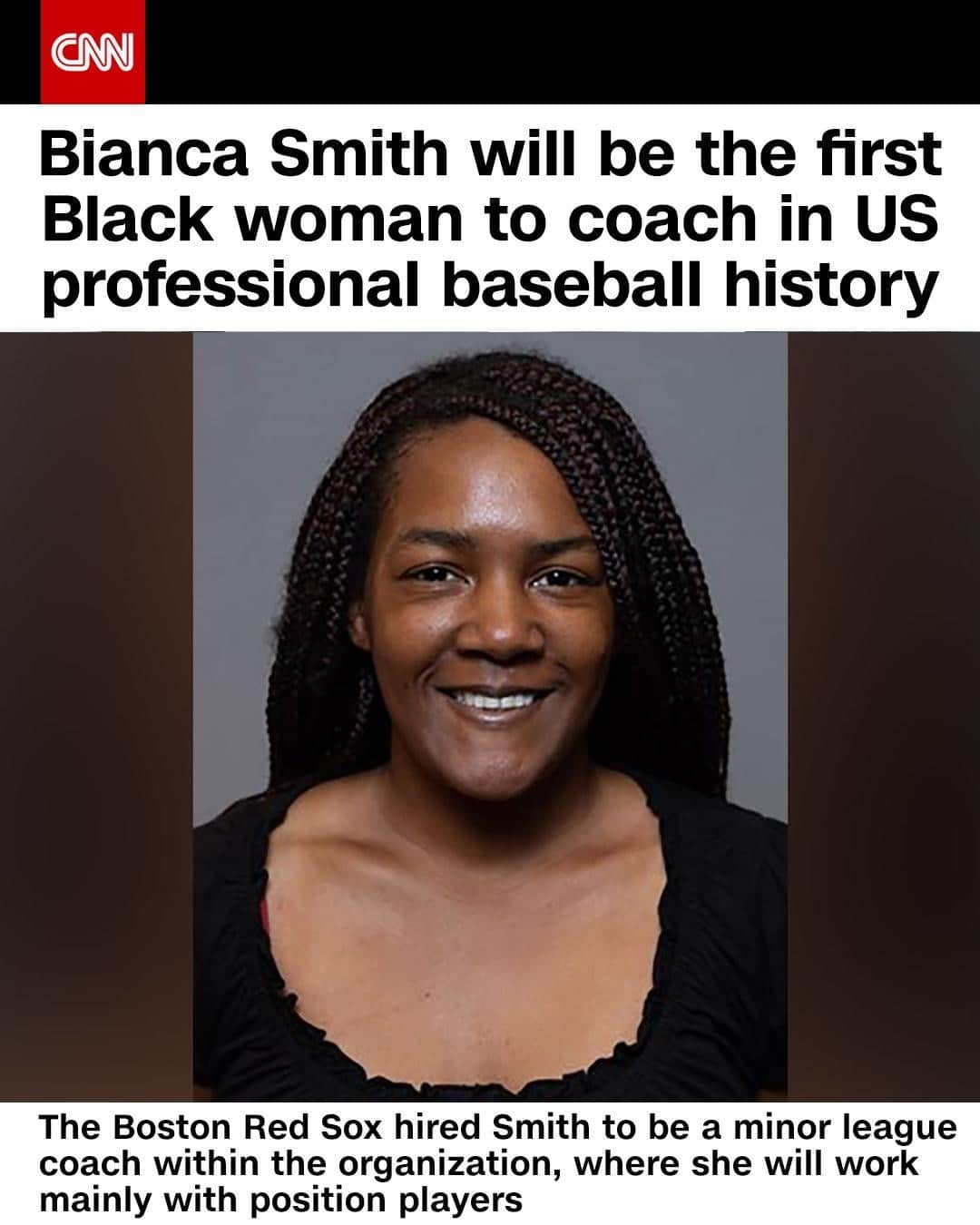 CNNさんのインスタグラム写真 - (CNNInstagram)「The Boston Red Sox just made history by hiring Bianca Smith, the first Black woman to coach in US professional baseball history. Smith will serve as a minor league coach within the organization and will work mainly with position players, according to MLB.com. "I think it's a great opportunity also to just kind of inspire other women who are interested in this game," she said on MLB Network. "This is not something I thought about when I was younger and I kind of fell into it being an athlete, so I'm excited to get that chance to show what I can do."⁠ ⁠ (📸: Carroll University Athletics)」1月6日 3時30分 - cnn