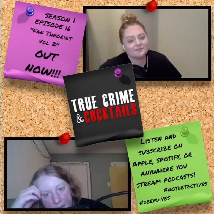 のインスタグラム：「This week’s episode of @truecrimeandcocktails is “Fan Theories Volume 2” AND is our season 1 finale! No episode next week, stay tuned for season 2 of True Crime and Cocktails coming January 19!」