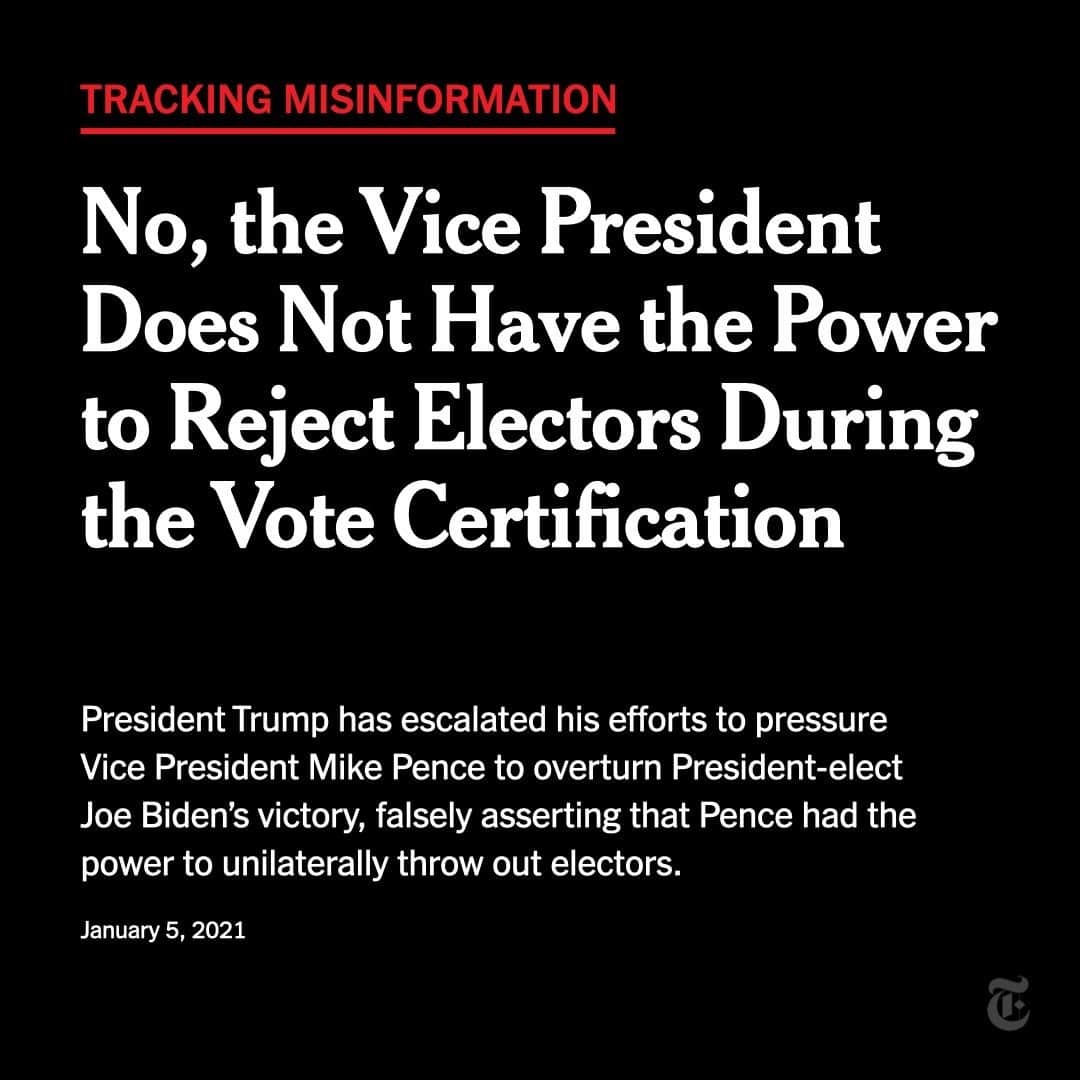 ニューヨーク・タイムズさんのインスタグラム写真 - (ニューヨーク・タイムズInstagram)「Vice President Mike Pence will play a crucial but largely ceremonial role on Wednesday in certifying the election results in Congress. But there is nothing in the Constitution or the law that explicitly gives a vice president power to unilaterally throw out electoral votes.  “The only responsibility and power of the vice president under the Constitution is to faithfully count the Electoral College votes as they have been cast,” said J. Michael Luttig, a former United States Court of Appeals judge and leading conservative legal scholar.  Aides close to Pence, who concede that he is facing a politically perilous moment, are convinced he will follow the normal procedures and confirm President-Elect Joe Biden’s election, despite President Trump’s attempts to sway the outcome.  Tap the link in our bio to read more about the certification of the electoral votes.」1月6日 4時30分 - nytimes