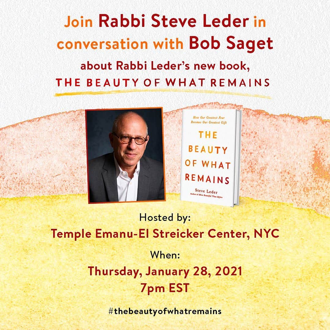 ボブ・サゲットのインスタグラム：「LIVE VIRTUAL BOOK CONVERSATION WITH RABBI STEVE LEDER AND ME JAN. 28!  I’m honored to share my friend @steve_leder ‘s new book, #thebeautyofwhatremains. In it, he shares lessons on how death and loss teach us to live and love more fully. This is a subject I have firsthand experience with, and Steve writes with honesty, heart, and humor. The book is in stores everywhere today. Be sure to join me and Steve in conversation in a virtual event at the @streickercenter on January 28.   @avery_books @penguinrandomhouse」
