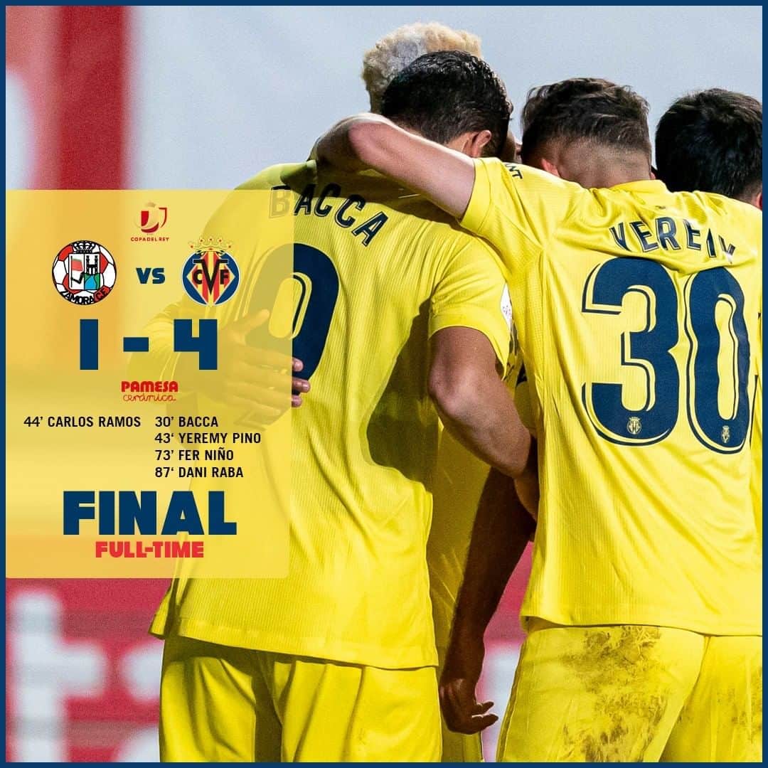 ビジャレアルCFのインスタグラム：「¡FINAL EN ZAMORA (1-4)! . ¡SEEEEGUIIIMOOOOS 💪💪💪! . El Villarreal sigue adelante en la #CopaDelRey y jugará la tercera eliminatoria tras derrotar a un esforzado @zcfoficial con goles de @goleador70, @yeresantos10 , @ferni_9 y @dani.raba. . FULL-TIME IN ZAMORA (1-4)! . Villarreal continue their #CopaDelRey run, and will be in the third round after beating @zcfoficial with goals from @goleador70, @yeresantos10, @ferni_9 and @dani.raba. . #villarreal #futbol #football #soccer」