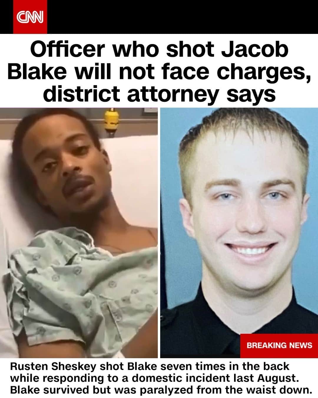 CNNさんのインスタグラム写真 - (CNNInstagram)「Rusten Sheskey will not face charges in the shooting of Jacob Blake, Kenosha County District Attorney Michael Graveley announced Tuesday. Sheskey shot Blake seven times in the back in August leaving him paralyzed from the waist down. Ahead of the decision, officials in Kenosha, Wisconsin, prepared for potential unrest, including mobilizing 500 National Guard troops.⁠ (📸: Benjamin Crump via AFP/Getty Images and Wisconsin Department of Justice)」1月6日 7時02分 - cnn