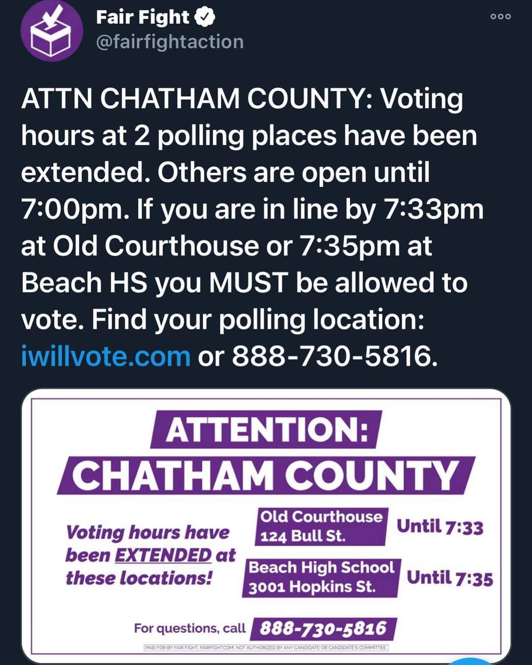 のインスタグラム：「#ChathamCounty   🚨🚨🚨🚨🚨🚨🚨🚨🚨🚨🚨🚨🚨🚨🚨🚨🚨🚨🚨🚨🚨🚨🚨🚨  STAY IN LINE!   You have until 7:33 to get in line! Once there they MUST LET YOU VOTE!」