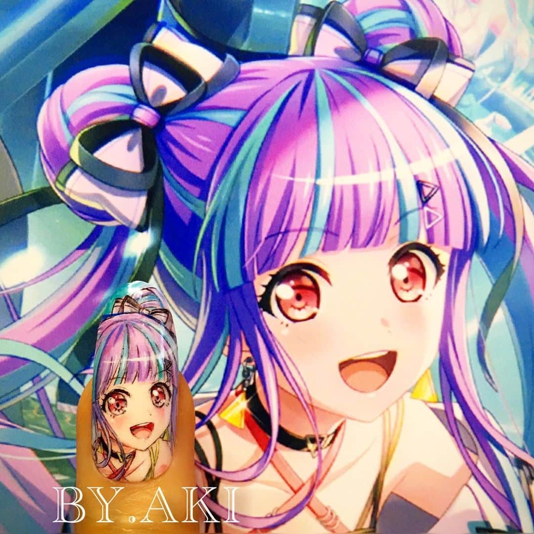 のインスタグラム：「バンドリ！ ガールズバンドパーティ！ RAISE A SUILEN（レイズ ア スイレン）💜 ・ Keyboard🎹パレオ♡ 2021年1番はやはりBanGDream！ でしたぁ😆 ・ ・ ①SHOT  GEL(ワンショットジェル) 新しいジェル🤍ONI TECの仲間達 近日発売デスっ🤗 ・ プロフィールURLヨリ💻 for sail💅　@nailshoptat  ネイルショップTAT💅 ・ ・ ・ ・ ・  #バンドリ  #bangdream  #ライズアスレイン #パレオ  #pareo  @by.aki #anime#manga#NAIL#ジェルネイル#ネイル#福岡#福岡市#全てジェルネイル#手描きネイル#all.gel#痛ネイル#ネイリスト#キャラネイル#네일#gel甲#美甲#爪甲」