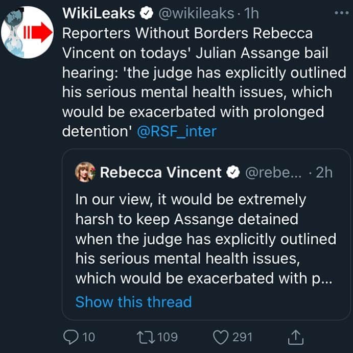 WikiLeaksさんのインスタグラム写真 - (WikiLeaksInstagram)「@rsfinternational @rebeccajvincent #FreeAssangeNOW」1月6日 19時50分 - wikileaks