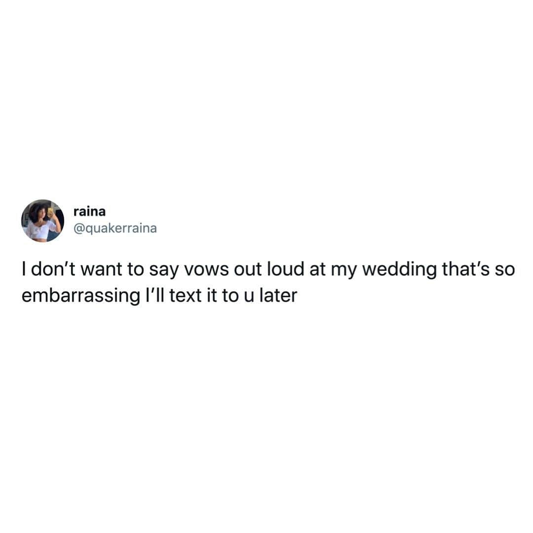 9GAGさんのインスタグラム写真 - (9GAGInstagram)「Introverts getting married like 🤣 Follow @couple for more #couplegoals⠀ -⠀ 📝 TW  quakerraina⠀⠀⠀⠀ -⠀ #9GAG #relationship #bride #groom #boyfriend #girlfriend  #tweets #relationshipgoals #coule #wedding」1月6日 12時35分 - 9gag