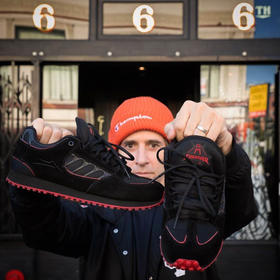 スラッシャーのインスタグラム：「🖤 @66_6th x @lakailtd 🌉 Inspired by @furrycalamari and the OG Carroll 1 shoe 👟 Available Thursday at select shops worldwide 🌎」