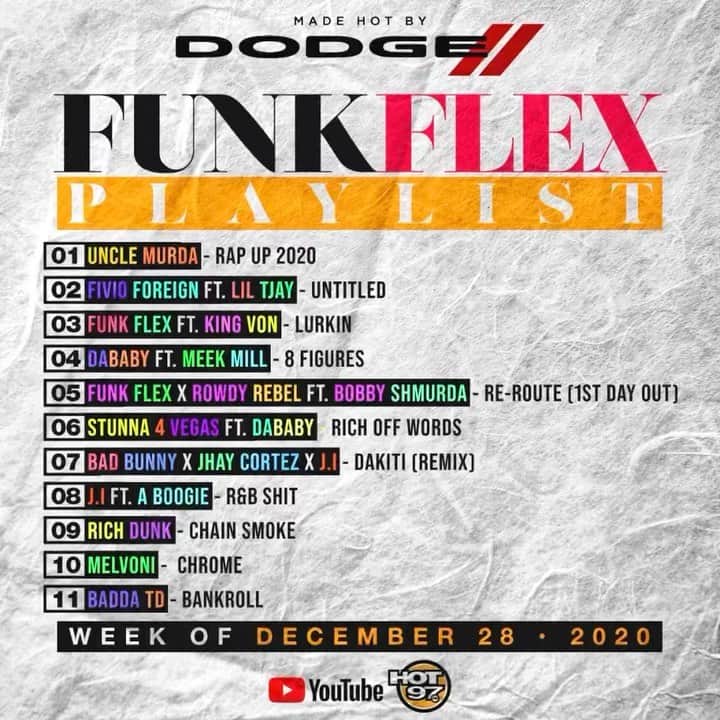 ファンクマスター・フレックスのインスタグラム：「Playlist Manager: @wilmajor   1 @UncleMurda - Rap Up 2020 (Prod. by @greatjohnmusic )  2 @FivioForeign_8fs x @LilTjay - Untitled 3 @FunkFlex ft. @kingvonfrmdao - Lurkin (Prod. by @funkflex x @bmcbeats ) @inflexwetrust @markbuol 4 @DaBaby ft. @MeekMill - 8 figures (Pord. @wizzlegotbeats @iamdjkid )  @arnoldltaylor @interscope 5 @FunkFlex x @RowdyRebel ft. @realbobbyshmurdags9 - Re-Route(1st Day Out) (Prod by @funkflex @luisbordeaux @nonnativemusic 6 @Stunna4Vegas ft. @DaBaby - Rich Off Words (Prod. by @djkillathebeatplug ) @billiondollarbabyentertainment #billiondollababyent 7 @BadBunnyPR x @jhaycortez x @iamj.i - Dakiti (remix) (Prod by #Patience @Tainy #BadBunny #jhaycortez ) 8 @iamj.i ft. @artisthbtl - R&B Shit (Prod by #Woodpecker @figurezmadeit ) @gstarr_mgmt @interscope 9 @richdunk_lok - Chain Smoke #billiondollababyent @billiondollarbabyentertainment 10 @Melvoni - Chrome (Prod by #Sl1ck #Sl1ck @fraxille_ ) @epicrecords  11 @baddathedon - Bankroll」