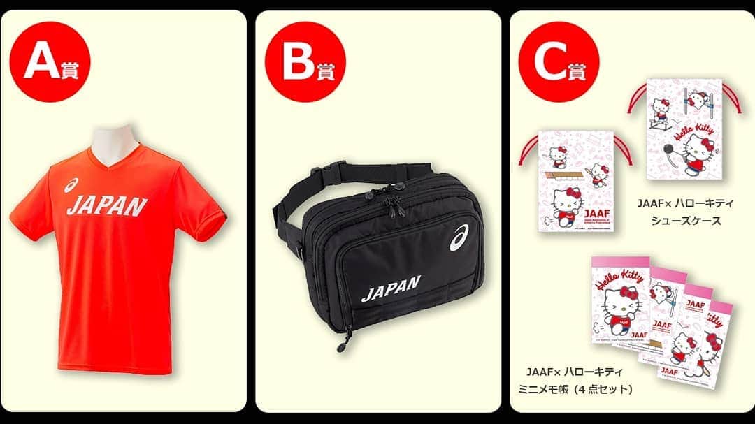 日本陸上競技連盟さんのインスタグラム写真 - (日本陸上競技連盟Instagram)「【#JAAFファン投票2020】 投票いただいた方の中から抽選でプレゼントが当たります🎉  A賞：選手サイン入り「日本代表応援Tシャツ」（5名） B賞：アシックス３wayポーチ（5名） C賞：JAAF×ハローキティコラボグッズセット（5名）  そして、ダブルチャンスも😻 下の２つの条件を満たした方の中から10名様に「日本GPシリーズグッズ一式」をプレゼント❗️  ①日本陸連公式アカウントのフォロー💪 ②ハッシュタグ（#JAAFファン投票2020）と投票した選手名を入れてツイート💪  ✅投票は明日‼️1月7日（木）まで‼️ https://www.jaaf.or.jp/news/article/14575/  #JAAF #陸上」1月6日 14時27分 - jaaf_official