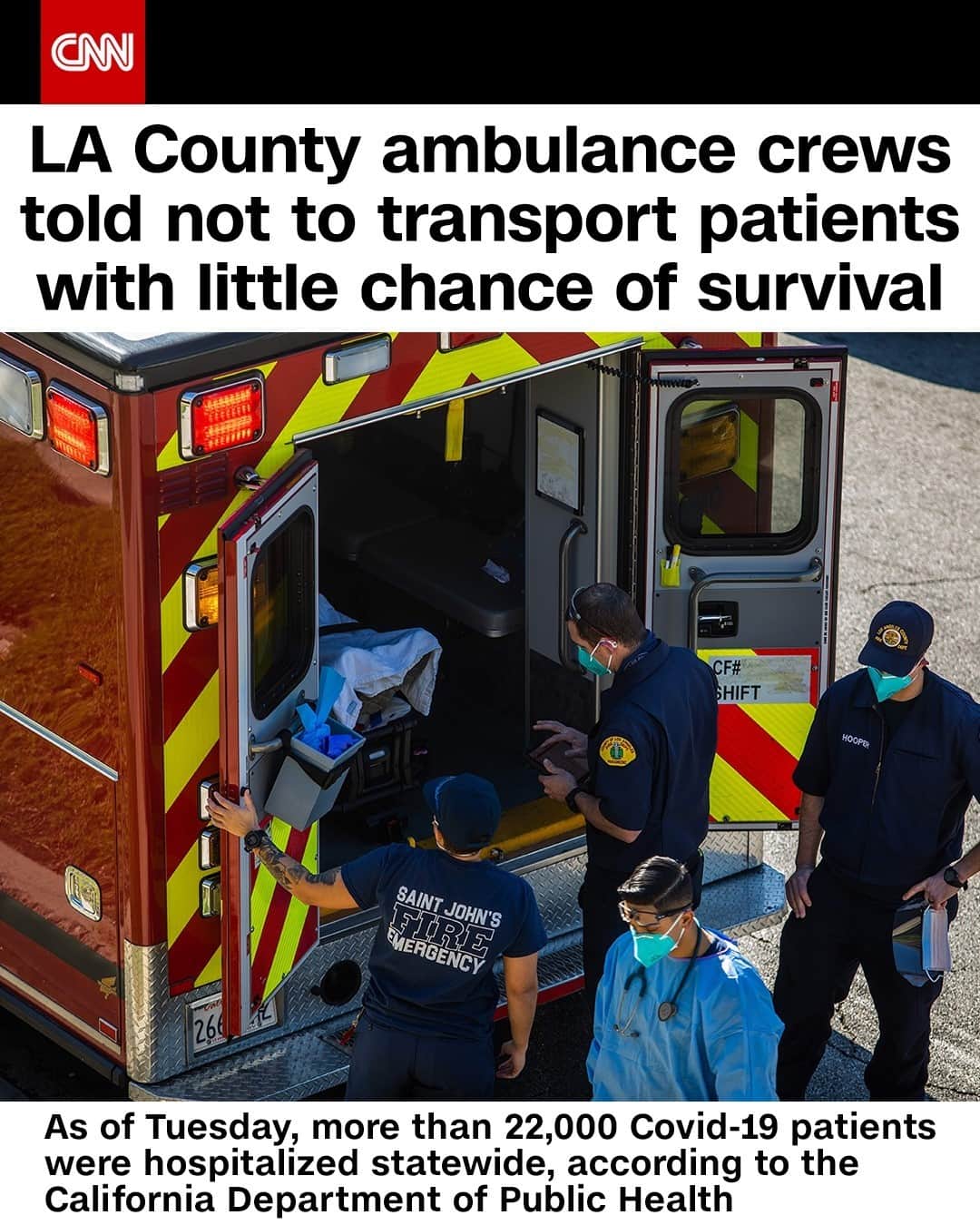 CNNさんのインスタグラム写真 - (CNNInstagram)「Imagine having a cardiac arrest and getting picked up by an ambulance that won't take you to a hospital. This is what Los Angeles County faces as the onslaught of Covid-19 devastates the community — including those without coronavirus. "Hospitals are declaring internal disasters and having to open church gyms to serve as hospital units," said County Supervisor Hilda Solis, who called the situation a "human disaster." Tap the link in our bio to learn more.⁠ (📸: Apu Gomes/AFP/Getty Images)⁠」1月6日 17時01分 - cnn