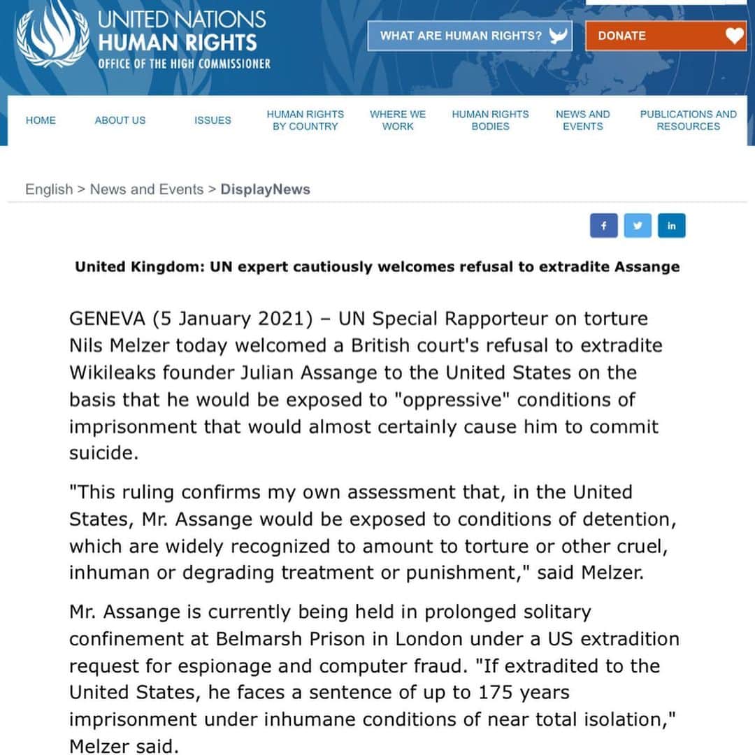 WikiLeaksさんのインスタグラム写真 - (WikiLeaksInstagram)「UN Special Rapporteur on Torture calls for Assange to be given bail  "No justification for preventing him from awaiting the final judgment in a setting where he can recover his health and live a normal family and professional life."」1月6日 17時11分 - wikileaks