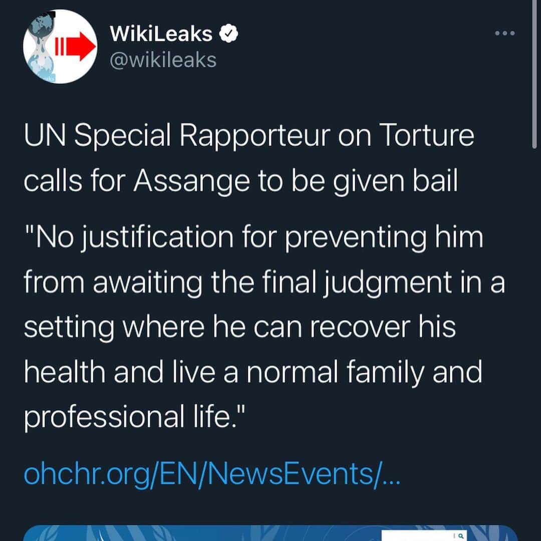 WikiLeaksさんのインスタグラム写真 - (WikiLeaksInstagram)「UN Special Rapporteur on Torture calls for Assange to be given bail  "No justification for preventing him from awaiting the final judgment in a setting where he can recover his health and live a normal family and professional life."」1月6日 17時11分 - wikileaks