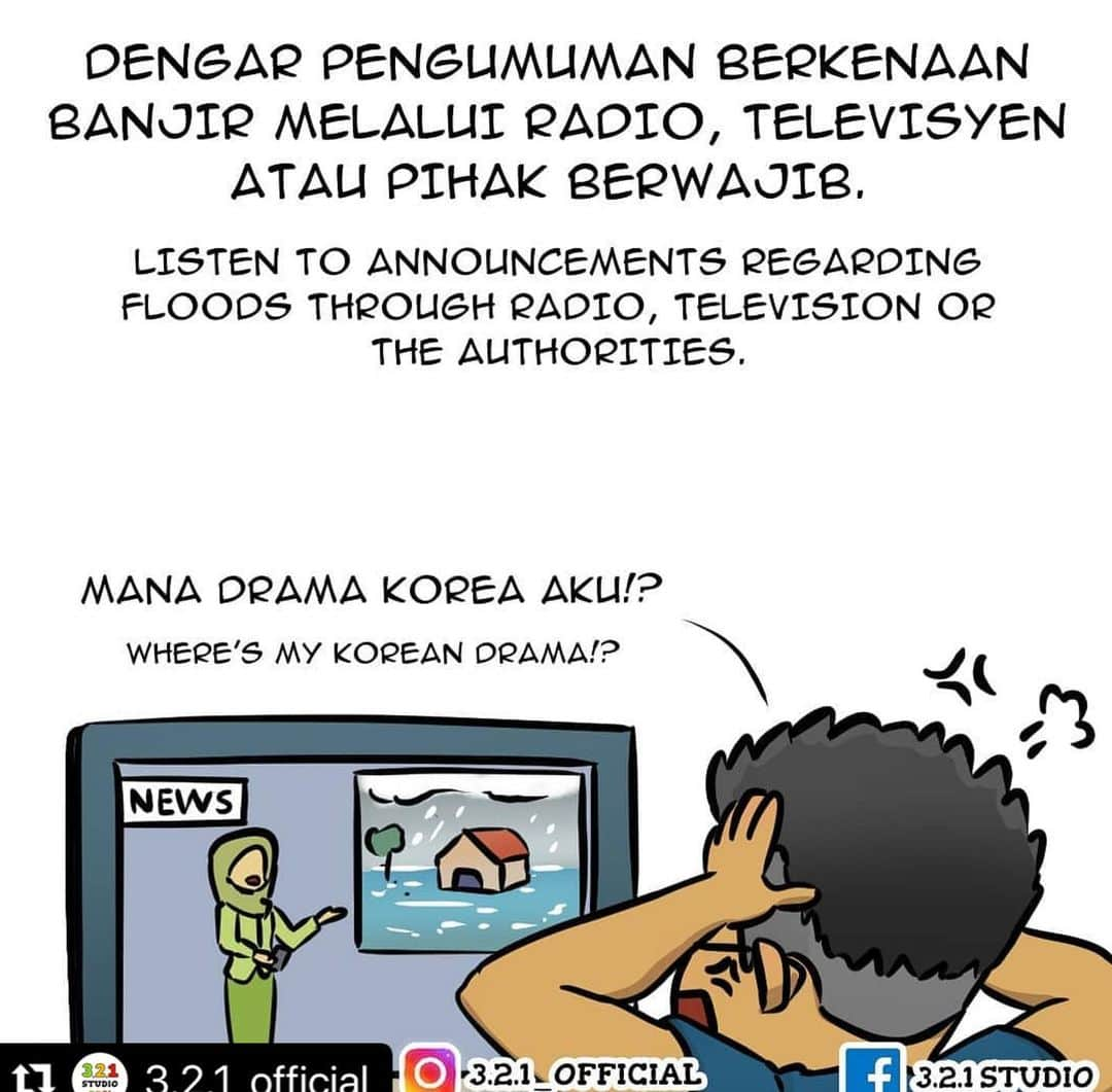 Koleksi Komik Malaysiaさんのインスタグラム写真 - (Koleksi Komik MalaysiaInstagram)「#Repost @3.2.1_official with @make_repost ・・・ Sekarang dah masuk musim tengkujuh, ditambah pula dengan pandemik yang melanda, diharap korang lebih berhati-hati ya! Kalau kawasan korang adalah kawasan yang pernah atau selalu dilanda banjir, ikuti tips ini! . Komen keadaan kawasan korang dan tag keluarga, kawan2, kenalan kat bawah👇Sebarkan gaiss supaya lebih ramai orang tahu!! . Jaga diri, jaga keluarga, patuhi SOP, amalkan langkah pencegahan dan banyakkan berdoa. Covid-19 masih ada dalam komuniti kita, jangan alpa! . Follow kami kat Facebook, Twitter dan Instagram @3.2.1_official . It's monsoon season, coupled with the pandemic that struck at this time, hope you guys be more careful k!! If your area is an area that has or always been hit by flood, follow these tips! . Comment the condition in your area and tag your family, acquiantance, friends below👇Spread the words guyss so that more people know!! . Take care of yourself, take care of your family, follow the SOP, practice prevention steps and pray a lot! Covid-19 is still in our community, don't forget!  . Follow us on Facebook, Twitter and Instagra? @3.2.1_official . #comic #comics #comicstrip #animation #malaysia #komik #komikmalaysia #animasi #anime #cartoon #cartoonist #cartoons #drawing #illustration #mangaartist #mangadrawing #illustrator #gengkomik #webcomic #webtoon #kartun #banjir #flood  #321OFFICIAL #stayhome #malaysiancomic #manga #mangaart #toon」1月6日 17時51分 - tokkmungg_exclusive