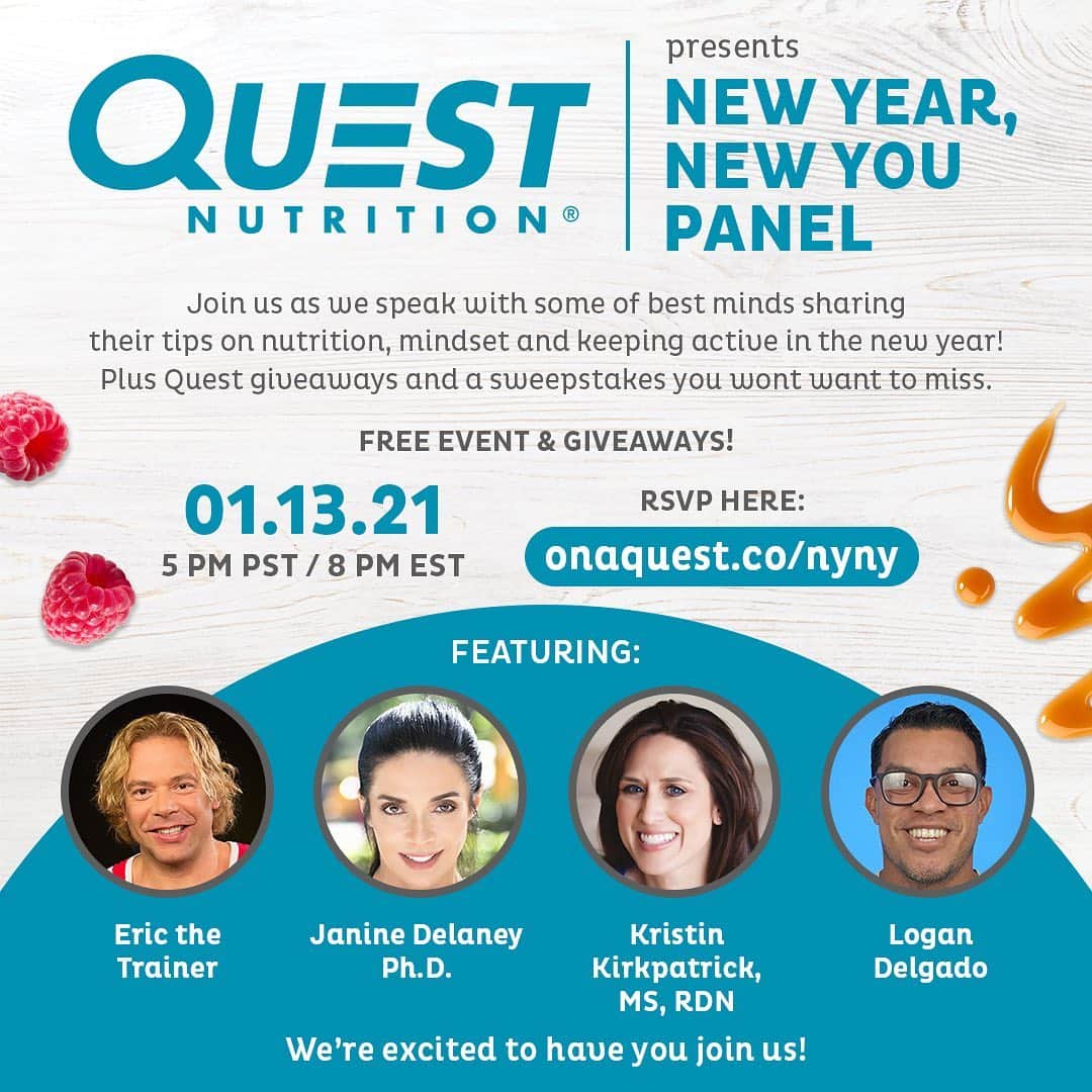 questnutritionさんのインスタグラム写真 - (questnutritionInstagram)「Join us next week (1/13) at 5 pm PST for our special “New Year, New You” panel featuring @ericthetrainer, @janine_delaney, @fuelwellwithkrissy, & @goodybeats! There will be giveaways & more that you don’t want to miss. RSVP here: onaquest.co/nyny or click the link in our bio . See you there! 💙💯🙏 #onaquest」1月7日 5時04分 - questnutrition