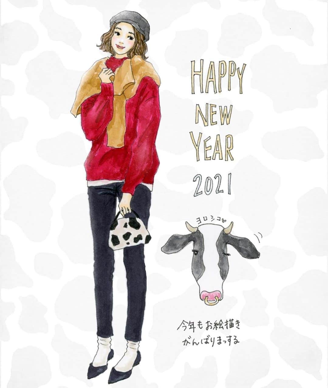 saekoのインスタグラム：「. モ〜🐄レツに出遅れましたが、あけましておめでとうございます。 2021年モ〜🐄よろしくお願いします♡ #たまにはピタッとしたパンツはかないとなと思いつつ✍️ #正月太りの現実を知るのが怖い  #イラスト#ファッションイラスト#イラストレーター#アナログイラスト#水彩#カジュアルコーデ#大人カジュアル#スキニーコーデ#冬コーデ#ボブ#外ハネボブ#新年のご挨拶#2021年#丑年#牛#イラストグラム#illustgram#drawing#fashionsketch」