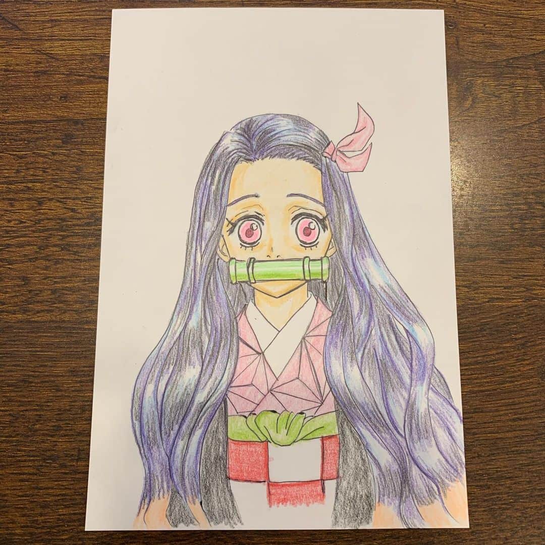のインスタグラム：「禰󠄀豆子も描いてみました！﻿ ﻿ ﻿ 下絵とともにアップします！﻿ ﻿ ﻿ ﻿ #鬼滅の刃 #ねずこ #竈門禰豆子 #お絵かき#下絵 #色鉛筆 #kamadonezuko #nezuko #colordpencil#鬼殺隊 #kimetsunoyaiba #drawing #sketch #kisatsutai #demonslayer  ﻿ ﻿ ﻿」