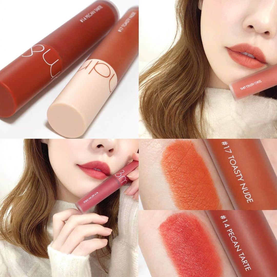 のインスタグラム：「🧡ロムアンドの秋色💄ティント🧡 ﻿ ﻿ ﻿ 冬色となると私には濃すぎて﻿ 秋色がちょうどいいからか﻿ 今更どハマりしています🤤🤚🏻﻿ ﻿ ✔︎rom&nd﻿ ロムアンド ゼロベルベットティント﻿ 14 ピーカンタルト﻿ 17 トスティヌード﻿ ﻿ ロムアンドのティントリップって﻿ 新色もいれると全21色もあるんですね🥺✨﻿ ﻿ 私が持っているのは8本くらいかな〜？﻿ ﻿ 自分に合う色が必ず見つかりそうだよね🤚🏻✨﻿ ﻿ このサラサラふわふわ感がたまらん…！﻿ ﻿ 14 ピーカンタルトと17 トスティヌードは﻿ どちらも秋の新色なんだけれど﻿ 違った可愛さがあってお気に入り☺️🤎﻿ ﻿ ﻿ ﻿ @cosme.remake  #romand#ZEROVELVETTINT#ゼロベルベットティント#ティントリップ#マットリップ#MLBBカラー#リップ#リップメイク#リップティント#口紅#ロムエンド#プチプラ#韓国コスメ#韓国メイク#ロムアンド」