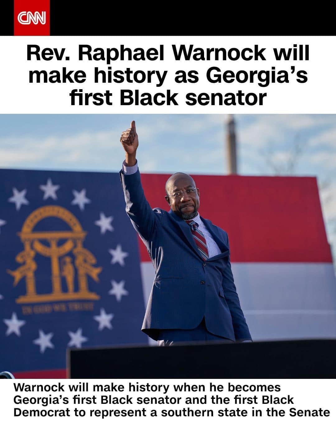 CNNさんのインスタグラム写真 - (CNNInstagram)「Rev. Raphael Warnock will become Georgia’s first Black senator after he beat incumbent Republican Sen. Kelly Loeffler, CNN projected Wednesday morning. Warnock, who is the first Georgia Democrat elected to the Senate in 20 years, is the senior pastor of Atlanta's Ebenezer Baptist Church where Martin Luther King Jr. preached. Warnock's projected victory is a significant breakthrough for African Americans in southern politics as his election is the culmination of years of voter registration drives conducted by former state House Democratic leader Stacey Abrams and other Black activists, who also helped flip Georgia blue this past presidential election. Tap the link in our bio for more updates on the Georgia runoff elections.⁠ ⁠ (📸: Sanjeev Singhal/The News Access/Cover Images/AP Images)」1月6日 23時17分 - cnn