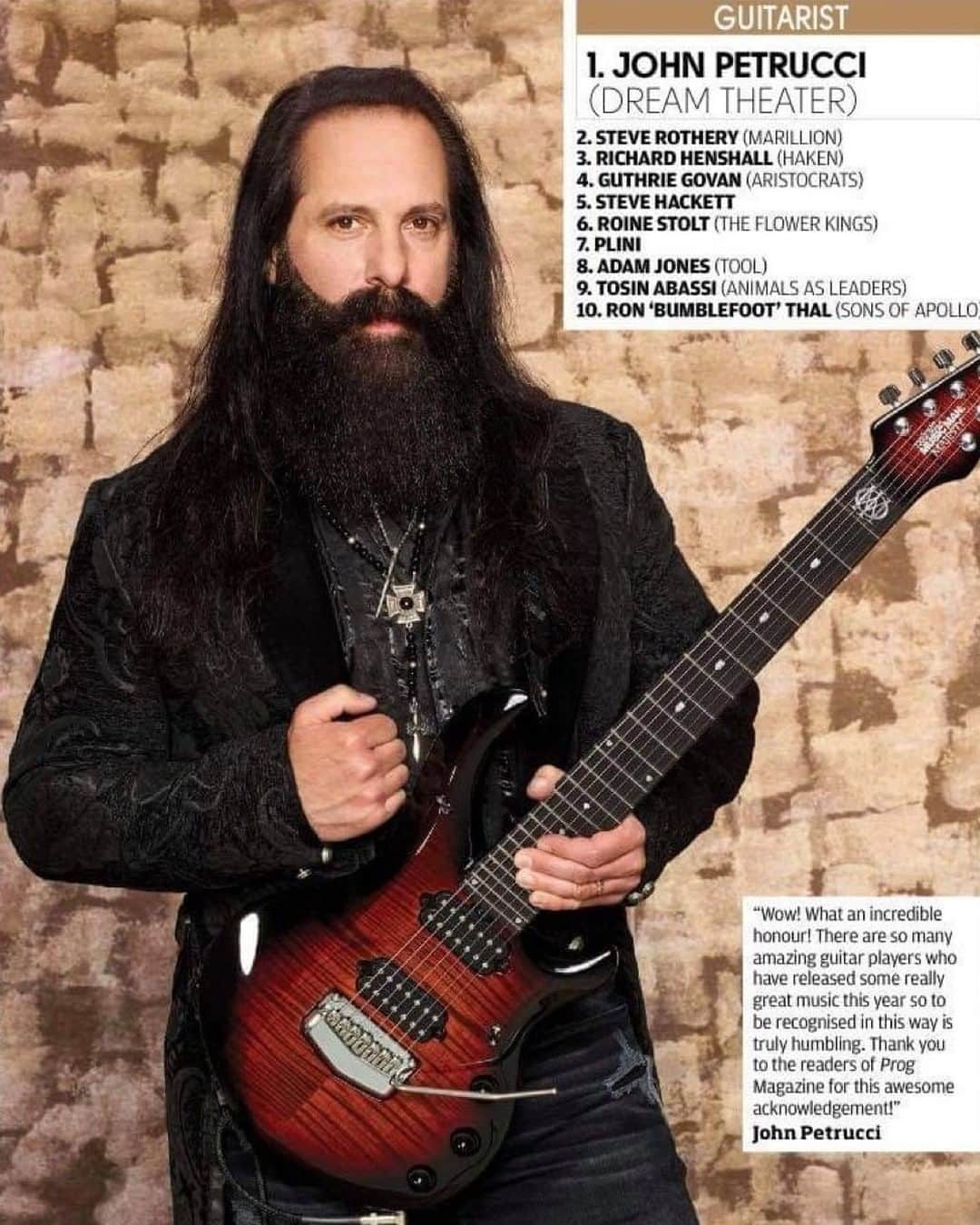 ドリーム・シアターのインスタグラム：「From @johnpetrucciofficial - "Wow, what an incredible honour! There are so many amazing guitar players who released some really great music in 2020 so to be recognised in this way is truly humbling. Thank you to the readers of @progmagazine for this awesome acknowledgement!"」