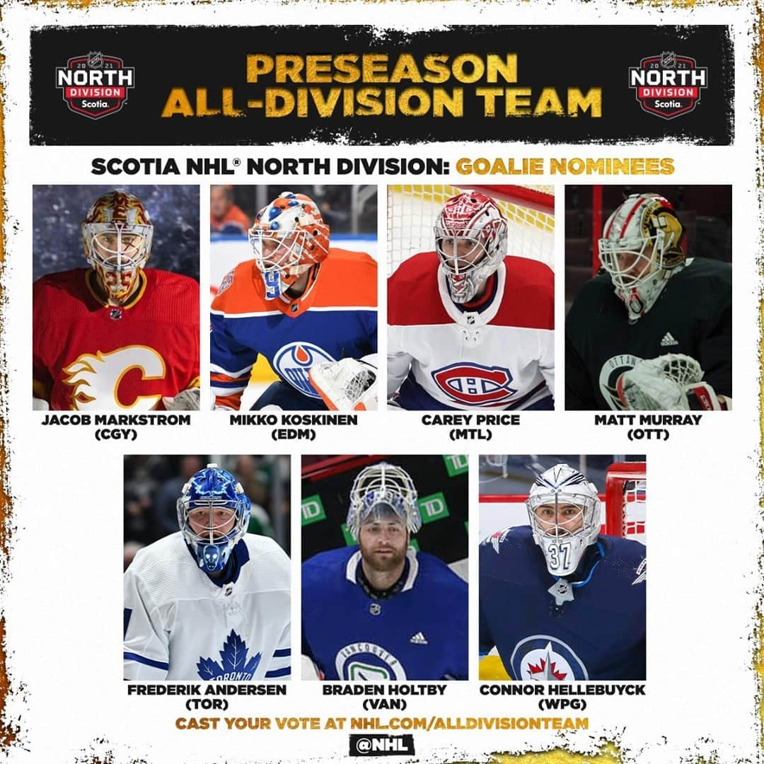 NHLさんのインスタグラム写真 - (NHLInstagram)「Seven choices. One vote.   Which goalie will make the @scotiabank North Division Team? #NHLAllDivision  VOTE NOW using the link in our bio.」1月7日 2時35分 - nhl