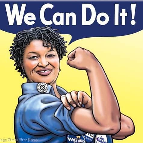 ビッツィー・トゥロックのインスタグラム：「“I’m not optimistic or pessimistic. I’m determined.” ~ Stacey Abrams, national treasure   ﻿Thank you @staceyabrams @fairfightaction @mslatoshabrown @blackvotersmtr @newgeorgiaproject @nseufot404 Lauren Groh-Wargo and countless other organizers for your tireless voter registration efforts - this historic victory was because of you. As Warnock said, “This is not magic. It’s hard work over time, and it’s a deep commitment to the noble idea that your vote is your voice and your voice is your human dignity.”   Congrats to @raphaelwarnock, Georgia’s first Black senator, and to @jonossoff, who is ahead in the vote and projected to win.  Ossoff will be the first Jewish senator ever elected by the state of Georgia, the first Jewish senator from the South since the 19th century, and the youngest Democratic senator elected since Biden in 1973.   You both ran campaigns full of integrity and promise and these wins are justly deserved. And thank you, Georgia (again)! 🧡🍑  “Will we continue to divide, distract, and dishonor one another? Or will we love our neighbors as we love ourselves? Will we play political games while real people suffer? Will we seek to destroy one another as enemies or heed the call towards the common good?” ~ Senator-elect Warnock  (Image credit: Clay Bennett of the Chattanooga Times Free Press)」