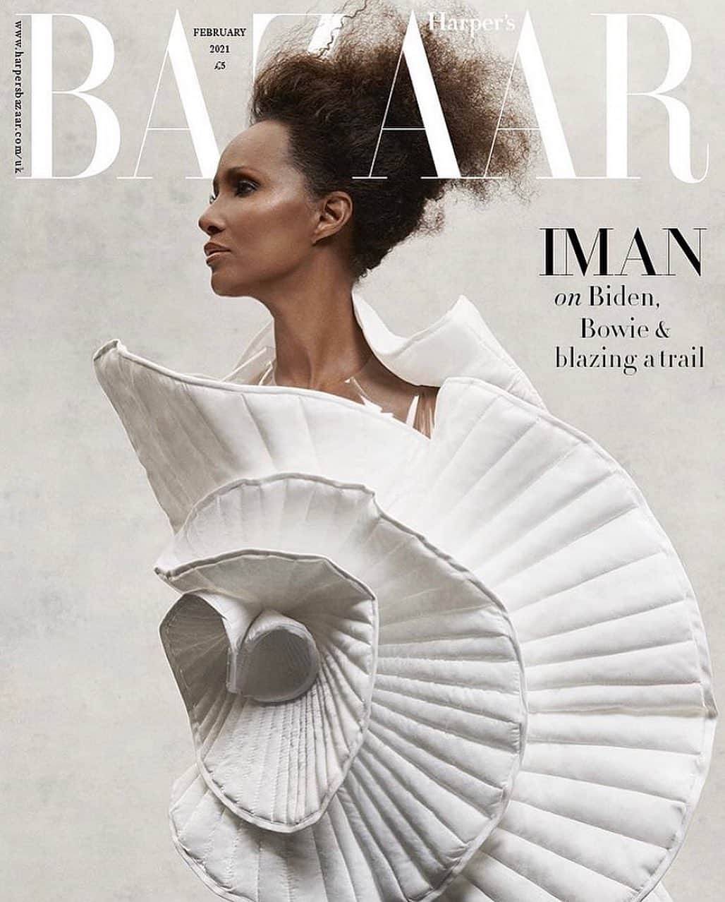 スリーアズフォーのインスタグラム：「Thank you @jasonrembert for this beautiful shoot! Featuring @the_real_iman in “Vesica Pisces “ quilted dress for @bazaaruk styling @jasonrembert hair @oscarjameshair makeup @killahcamz photographer @paolakudacki nails #bazaar #bazaaruk #iman #threeasfour #ss21」