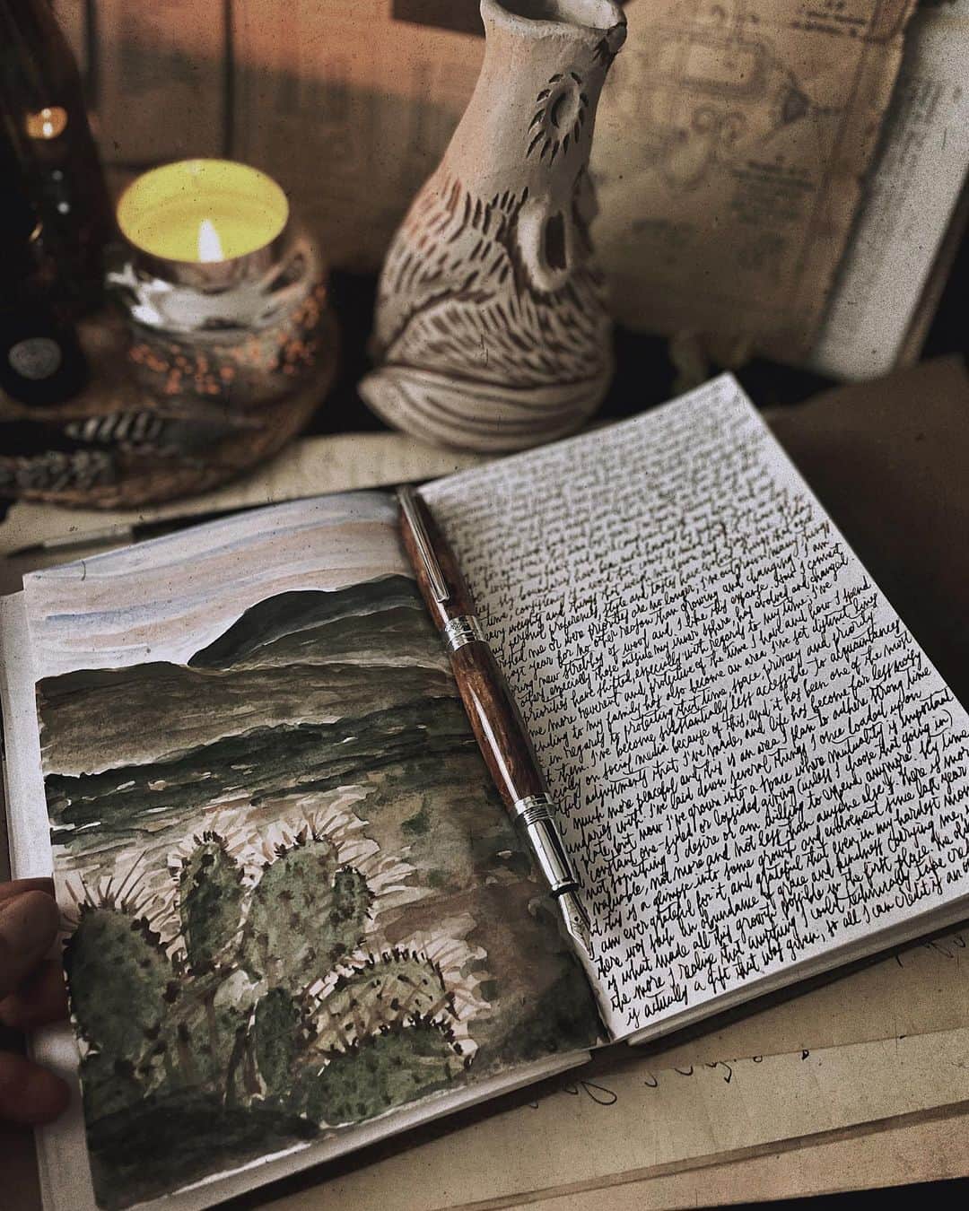Catharine Mi-Sookさんのインスタグラム写真 - (Catharine Mi-SookInstagram)「A peaceful pause, inner sustenance and nourishment. With incense curls that harken me back to memories of fragrant wild spices lingering in the desert breeze. All my words pour in pages and brush strokes. My heart is in a quiet space this week. I like it here. 🌾 . . . . . Baoshi Soyouz Fountain Pen in Amber @recifeparis. Leather Journal @loombound. Boot Leather Penvelope Case & Brown 732 (my favorite of all brown inks) @franklinchristoph. Ceramic #mypitchpine Wolf Incense Burner @pitchpinepottery. Watercolors @caseformaking. . . . . . #journal #memoirs #watercolorsketch #recifeparis #fountainpen #recife #writinginstruments #franklinchristoph #fountainpenink #pencase #loombound #handmadejournal #myquietbeauty #watercolorlandscape #artjournalpages #darkacademiaaesthetic #candlemagic #pitchpinepottery #loveforanalogue #poetryofsimplethings #caseformaking #watercolorcactus #myeverydaymagic #beautyofstillmoments #stillswithstories #lifeunscripted #alittlebeautyeveryday」1月7日 3時51分 - catharinemisook