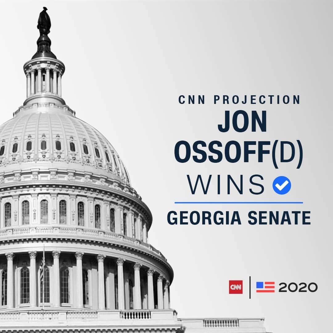 CNNさんのインスタグラム写真 - (CNNInstagram)「Democrat Jon Ossoff will win his Senate race in Georgia, CNN projects.⁠ ⁠ His win means Democrats will have control of the Senate. With Ossoff and Raphael Warnock's wins over Georgia's two incumbent GOP senators, there will be a 50-50 split in the Senate.⁠ ⁠ Vice President-elect Kamala Harris, also a Democrat, will cast any tie-breaking votes.⁠ ⁠ Tap the link in our bio to learn more.」1月7日 6時38分 - cnn