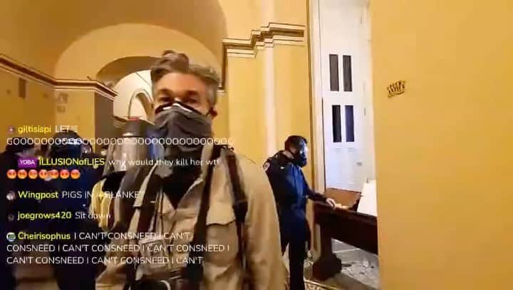 のインスタグラム：「Domestic Terrorists storm the Capital steps, break the window and take over the Hallowed Building. Offices raided, looting inside, a homemade bomb, a Confederate flag.  Trump told them to go to the Capital. He told them to attack the Heart of our Democracy.   One would think “How could it have gotten so bad, so fast? They knew it was coming, why weren’t they more prepared?” And then you see this.  Terrorist joking and taking selfie inside Statuary Hall with a policeman who is supposed to be protecting our Members of Congress and everyone working in that building. While our congressmen and women cower behind a locked door in gas masks.  In another scenario, there would be black bodies on the ground.   This is America.  🚨Capital police Badge #1828」