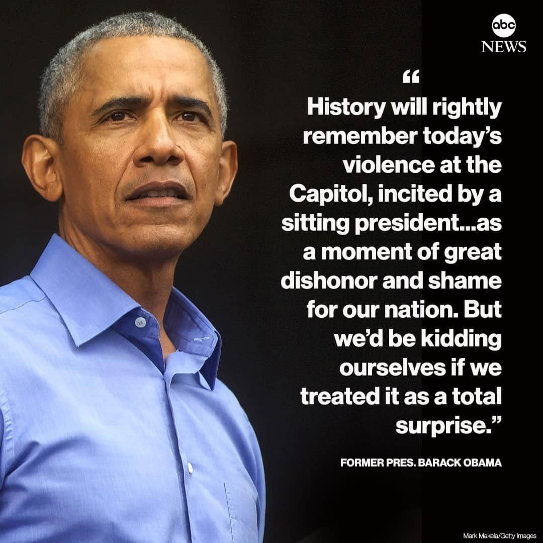 ABC Newsさんのインスタグラム写真 - (ABC NewsInstagram)「BREAKING: Pres. Barack Obama: "History will rightly remember today’s violence at the Capitol, incited by a sitting president...as a moment of great dishonor and shame for our nation. But we’d be kidding ourselves if we treated it as a total surprise." #barackobama #donaldtrump #uscapitol #politics #election⁠ ⁠ Read more at LINK IN BIO.」1月7日 10時06分 - abcnews