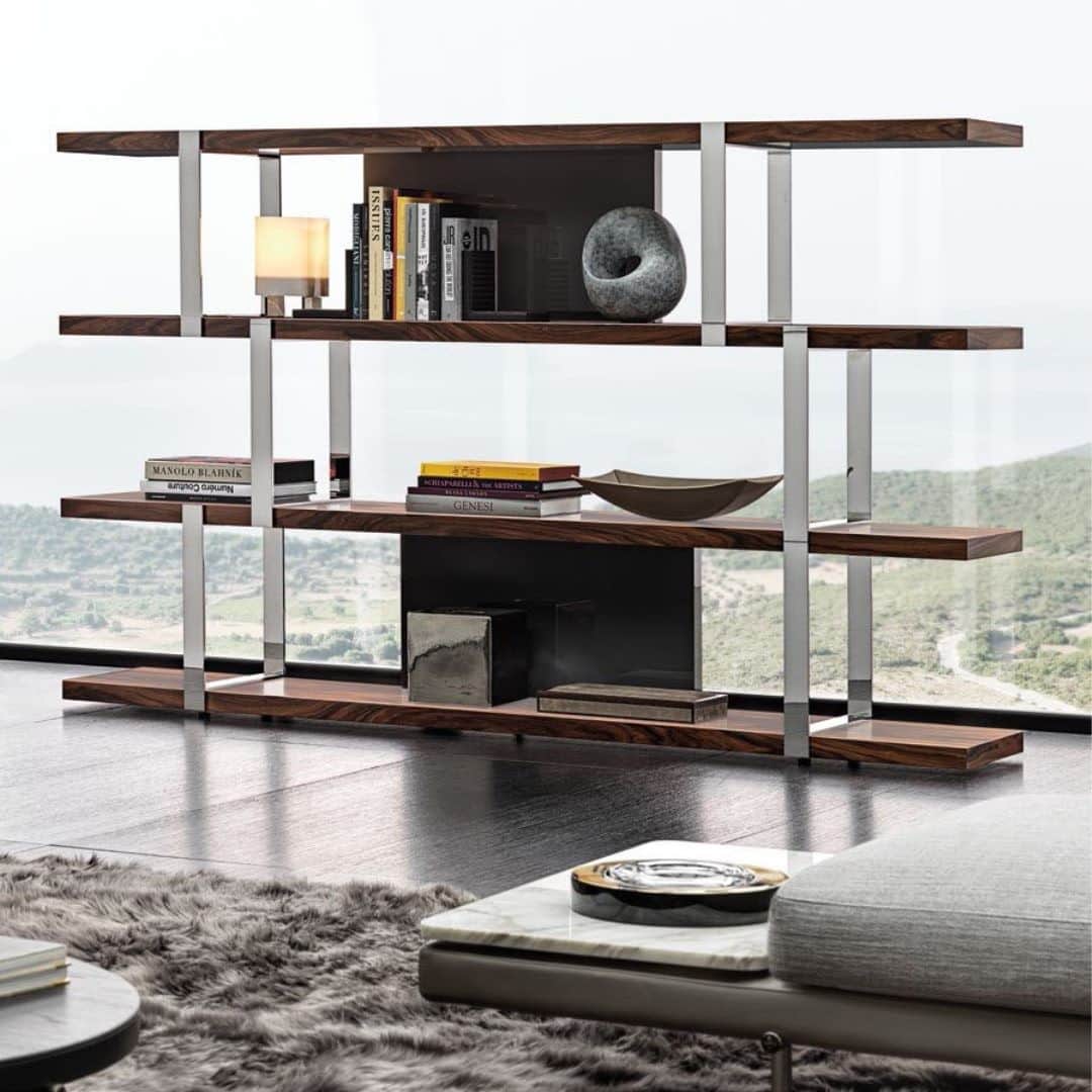 Minotti Londonさんのインスタグラム写真 - (Minotti LondonInstagram)「The Minotti Dalton bookcase is the star player in any living space, thanks to the new finishes that lend it a strongly contemporary decorative allure.  The Dalton bookcase comes in a series of new finishes that multiply the number of ways it can be used and lead the way to new stylistic interpretations. The new finishes include the possibility of having the back panels finished in Warm Grey or Granite glossy lacquer, while the thick shelves are available in black sand-blasted oak.  The vertical metal supports of the Minotti Dalton bookcase have a bright chrome finish and, unlike the Pewter-color painted versions, do not have the “mille righe” effect finish.  Discover more by tapping the link in our bio.  #minottilondon #minotti  #madeinitaly  #interiordesign #homedecor  #furniture #residentialdesign #homestyling」1月8日 0時00分 - minottilondon