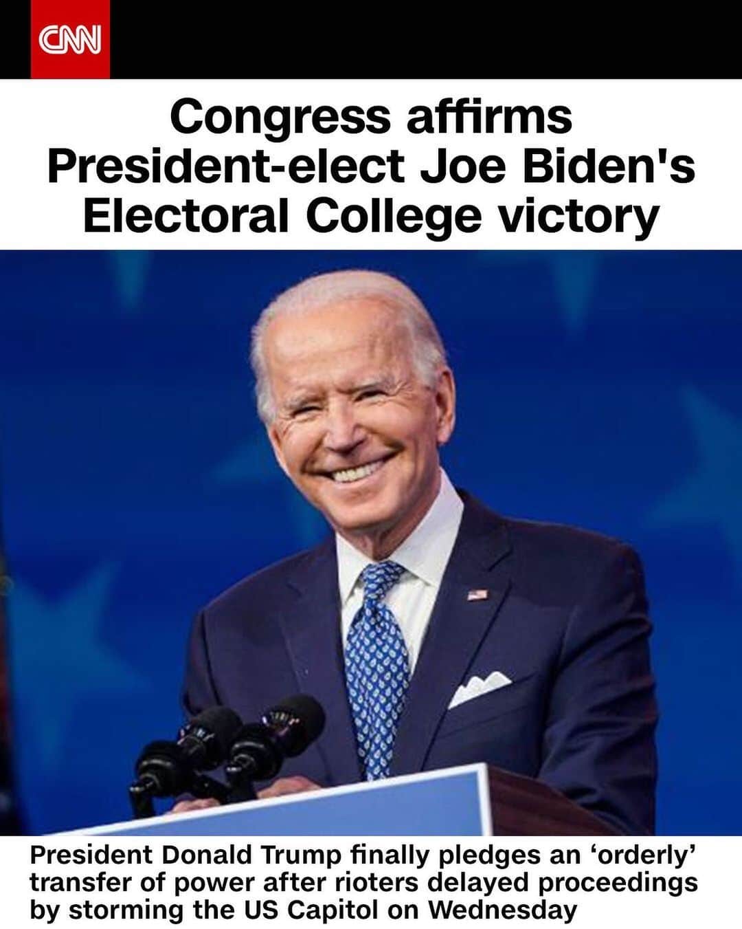 CNNさんのインスタグラム写真 - (CNNInstagram)「Congress has affirmed President-elect Joe Biden’s victory after rioting by a pro-Trump mob at the Capitol delayed proceedings. Following the certification, Trump finally pledged an “orderly” transfer of power to Biden, while repeating the same false claims about the election that led to the riot. (📸: Joshua Roberts/Getty Images)」1月7日 18時28分 - cnn