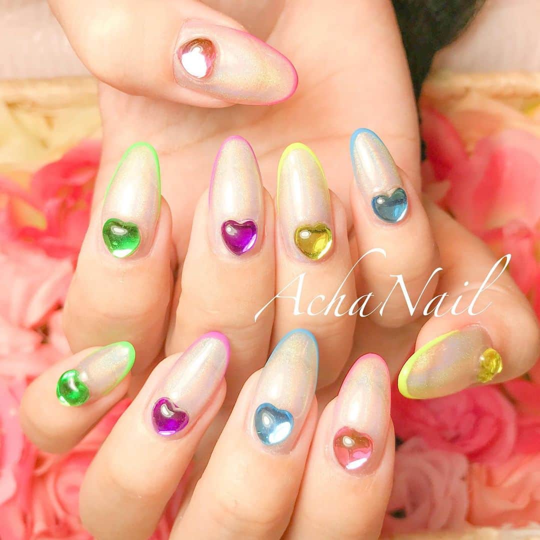 AchaNailのインスタグラム：「カラフルネオンなスキニーフレンチネイル💖﻿ ﻿ https://ameblo.jp/acha-nail/entry-12648545454.html﻿ ﻿ なんだかフワちゃんっぽい？？😆﻿ プリキュアっぽい？😆﻿ ﻿ #ネイル #ジェルネイル #フィルイン #フィルイン導入サロン #南池袋 #池袋 #池袋ネイルサロン #ネイルデザイン #フワちゃんネイル #ネオンカラー #ネオンカラーネイル #スキニーフレンチ #ハートネイル #フワちゃん #プリキュアネイル #ユニコーンネイル #ロングネイル #フワちゃんネイル #フワちゃんっぽい #Nails #AchaNail #NailStagram #InstaNails #Nailart #JapaneseNailart #NailDesign #Gelnails #kawaii #네일 #日式美甲」